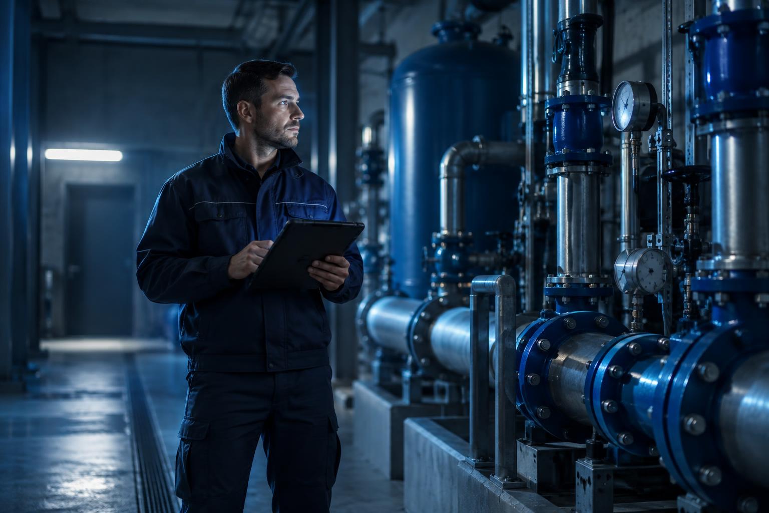 Técnico usando una tableta durante una intervención industrial